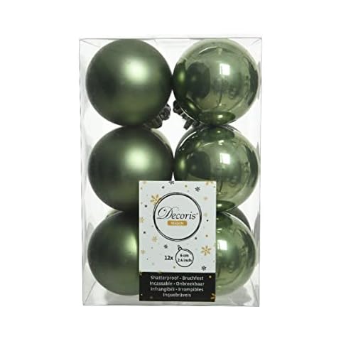 Decoris Set Of 12 Moss Green Christmas Baubles 6cm Shatterproof Tree Ornaments Shiny Matt Decs Cover