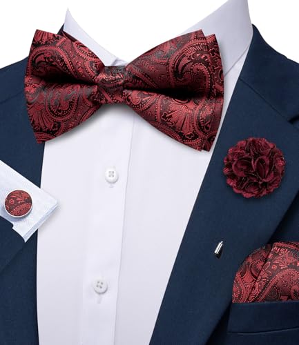 Image of YOHOWA Mens Bow Tie Set Paisley Coloful Pre-tied Bowties Adjustable with Handkerchief Cufflinks Wedding Prom Party