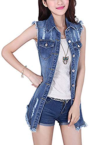 Tanming Women's Sleeveless Button Down Ripped Denim Jean Vest Waistcoat Jacket (Large, Blue)
