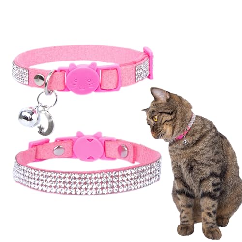 Rhinestone Cat Collar Breakaway Safety Buckle with Bell, Adjustable Diamond Girl Boy Kitty Cute Comfy Collar for Kitten Small Pets Rabbits, 7.5