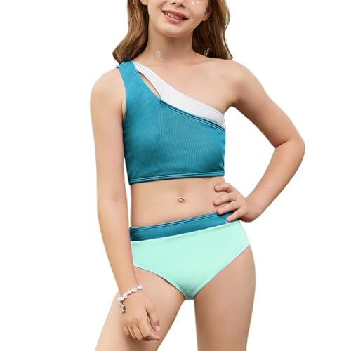 Image of Mirawise Girls Swimsuit One Shoulder Metallic Patchwork Neckline Bathing Suit 2 Piece Bikini