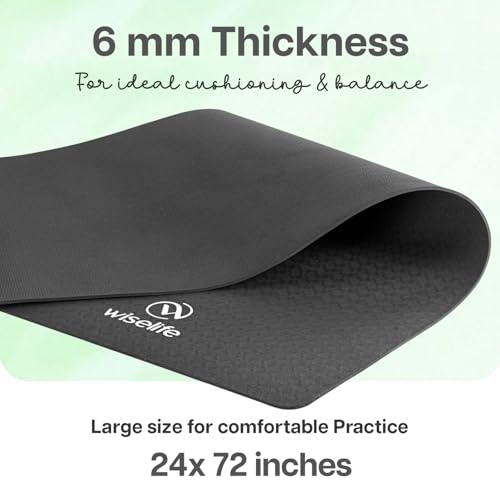 Image of WiseLife Classic Eco-TPE 6MM Yoga Mat with Yoga Strap for Men & Women | Extra Thick, Long & Wide Non-Slip, Anti-Tear Exercise Mat for Home, Gym, Workout, Fitness, Yoga & Pilates (Black)