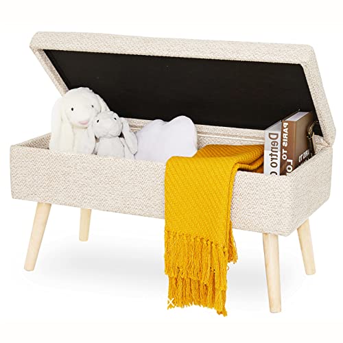 Banc de rangement en coton et lin beige 80cm pour bout de lit