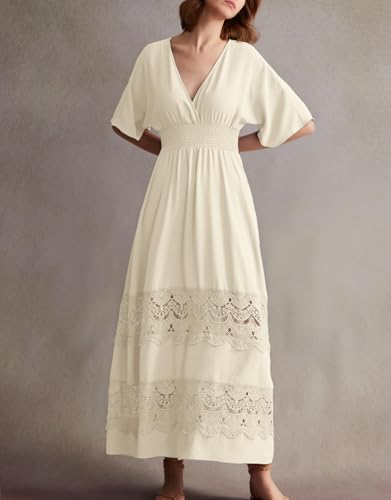 Image of Olaesa Boho Maxi Dress V Neck Short Sleeve Lace Smocked Waist Flowy Dress | Wedding Guest Dress with Pockets, Summer Bohemian Vacation Dress, Elegant Party Dress for Family photo& Baby Shower