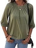 Grlasen Women's Solid Crew Neck T Shirt Blouse Cotton Half Sleeve 3/4 Sleeve Casual Loose Pleated Basic Tops