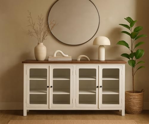Image of Solid Wood Madrid 4-Door Glass Sideboard Cabinet | Crockery | Kitchen Cabinet | Finish - Premium White