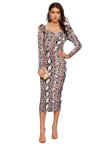 Image of LONDON BELLY Women's Poly Cotton Midi Bodycon Dress with Full Sleeves Sweet Heart Neck Printed Pattern Body Fitted and Calf Length | Women Midi Dress | Casual Party Summer for Womans