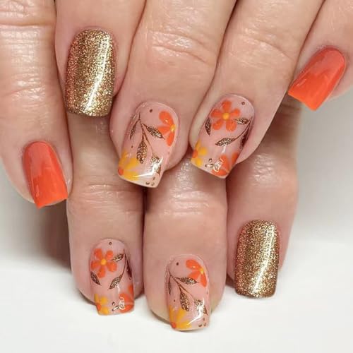 24 Pcs Fall Press on Nails Short Square,ZWENJIE Orange Fake Nails Press ons Nail Kit Tips with Autumn Leaves Gold Glitter Design Full Cover Acrylic Glossy False Nails Glue on Nails for Women Manicure