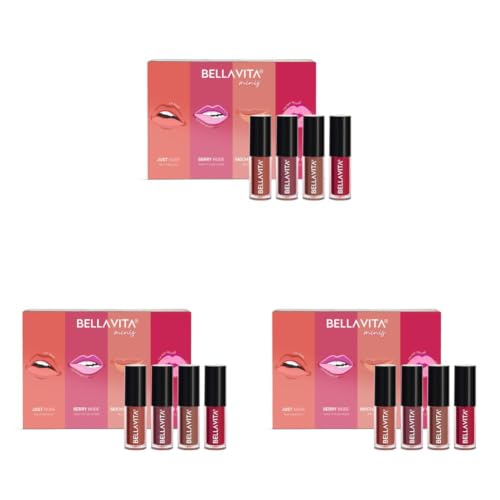 Image of Bella Vita Organic Mini Kiss Proof Liquid Lipstick Gift Set of 4x2ml | Smudge & Transfer-Proof | Intense Moisturisation | Just Nude, Berry Nude, Mocha Madness, Cherry Pop | Lipstick Combo Set
