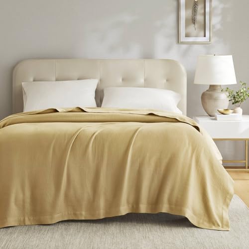 Image of Madison Park 100% Egyptian Cotton King Size Bed Blanket for Summer Mustard | Cozy Soft Breathable Durable, Waffle Weave Woven Casual, Lightweight Knit All Season Throw for Bed Couch or Sofa, OEKO TEX