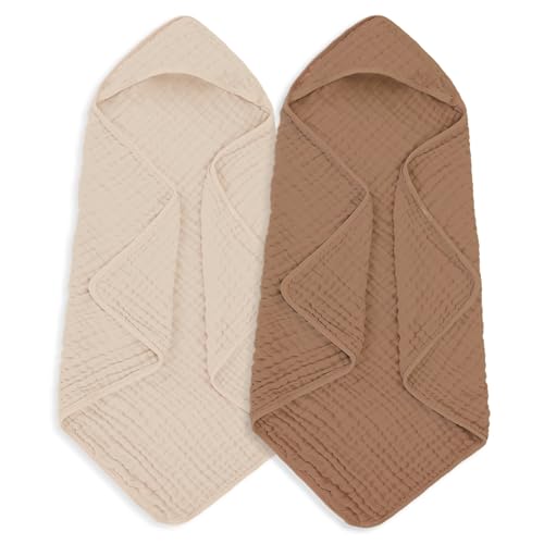Image of MIGIOL Muslin Hooded Baby Towels 100% Cotton ，Super Soft Muslin Baby Bath Towel - 32 x 32 Inches, Suitable for Newborn and Young Children up to 3 Years Old. (Beige & Coffee)