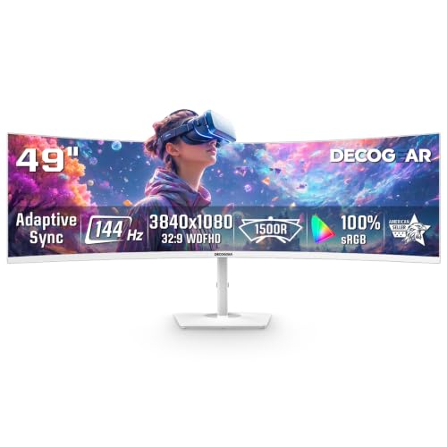 Image of Deco Gear 49 inch Curved Ultrawide Gaming Monitor, 144Hz DFHD 3840x1080 32:9 VA Display, 1ms MPRT, Adaptive Sync, HDR, 1800R, PIP /PBP, 2 HDMI 2 DisplayPort, White Display for PC & Laptop