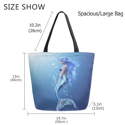 Ocean Realistic Mermaid Extra Large Canvas Gym Shoulder Tote, Reusable Daily Durable Top Handle Bag for Mens Womens Yoga Weekender Picnic Beach Travel Market Shopping3