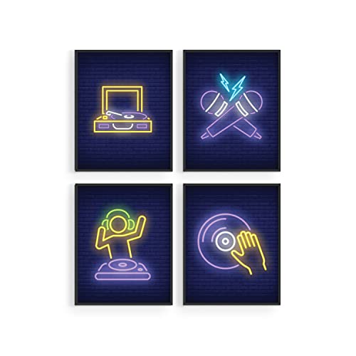 Summit Designs Dj Retro Music Wall Art Decor Prints - Set Of 4 (8X10) Inch Poster Photos - Neon Sign - Kids Bedroom Man Cave - Gift Idea #TOP4