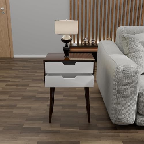 Image of Night Stand,End Table for Bed Nightstand with Drawers, Side Table with Storage, Solid Wood Table Legs,A Shaped Suitable for Small Spaces, Living Room, Bedroom, White (Brown White)
