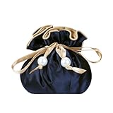 Marisa D'Amico Drawstring Premium Satin Jewelry Pouch with 8 Interior Pockets, Dark Blue + Gold