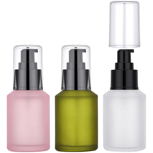 Image of Segbeauty 2oz Frosted Glass Lotion Bottle Empty, 3pcs Travel Lotion Container, 60ml Refillable Glass Travel Bottles for Toiletries, Hair Oil Bottles, Mini Size Skincare Cream Pump Bottle Mixed Color