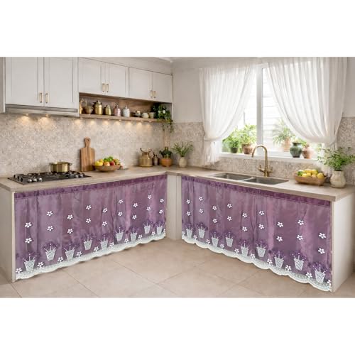 Image of Decorative Kitchen Sink Curtain | Pack of 2 | 150x70 cm Under-Sink Cover | Rod Pocket | Wash Basin & Storage Area Cover