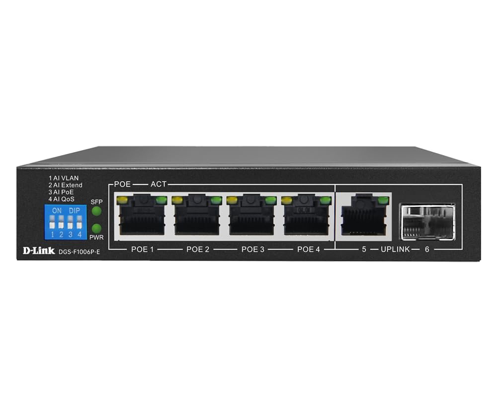 D-Link 4-Port Gigabit Unmanaged PoE Switch [DGS-F1006P-E], 4 Port 1000 MBPS 250m PoE + 1Gigabit + 1SFP Uplink