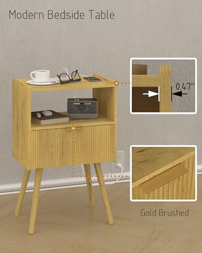 Image of JOONEE Nightstand with Outlet,Modern Bedside Table with Storage Drawer and Open Wood Shelf, for Living Room, Bedroom and Small Spaces, Accent Night Stand with Solid Wood Legs, Easy Assembly,Yellow Oak