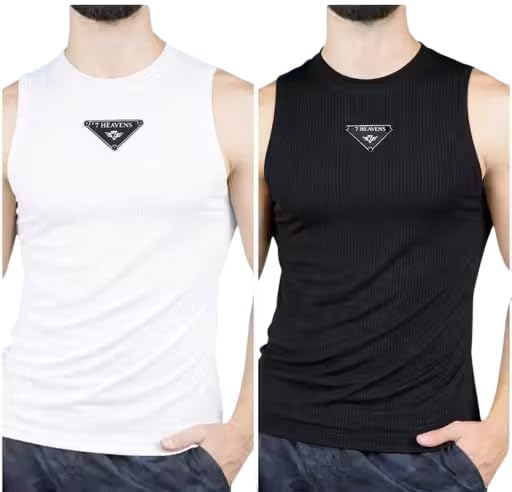 Men's Solid Sleeveless Round Neck Vest T-Shirt, Comfortable, Breathable, Lightweight and Stylish Black & White Pack of 2-image-9