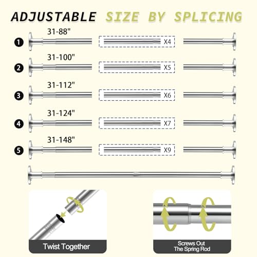 Image of Tension Curtain Rod 31 to 112 In Extra Long Curtain Rod Adjustable Pole Heavy Duty Silver Spring Shower Curtain Rod for Bathroom Windows Room Divider Never Rust Anti-Slip
