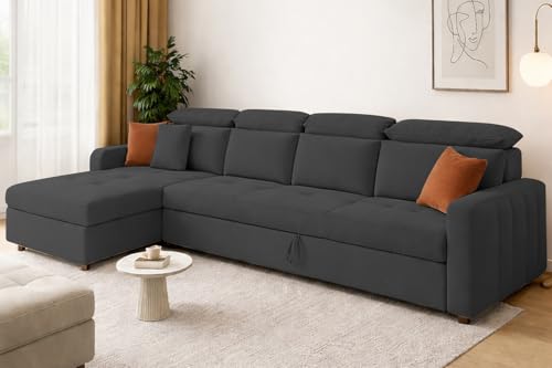Image of Casaliving Gagnon LHS 6 Seater L Shape Corner Sofa Cum Bed for Living Room (Black Fabric) Premium Fabric Sofa