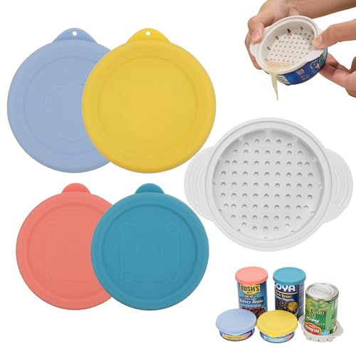 4 Packs Silicone Lids (3.0-Inch & 3.5-Inch) Bundle With 1 Pack Can Strainer | Can Strainer For Canned Food | Tuna Drainer | Reusable Can Lids | Dishwasher Safe | 5 Pcs Canning Duo