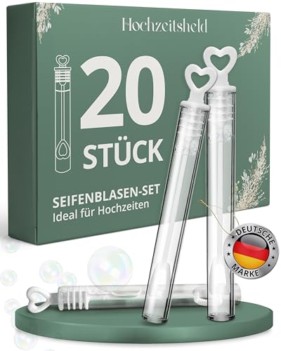HOCHZEITSHELD Hochzeit Seifenblasen 20 Stück - Perfekte Mini-Seifenblasen als für den Brautempfang - Fleckenfreie Luftblasen Hochzeit auch als Gastgeschenk mit elastischen weißem Herz-Griff