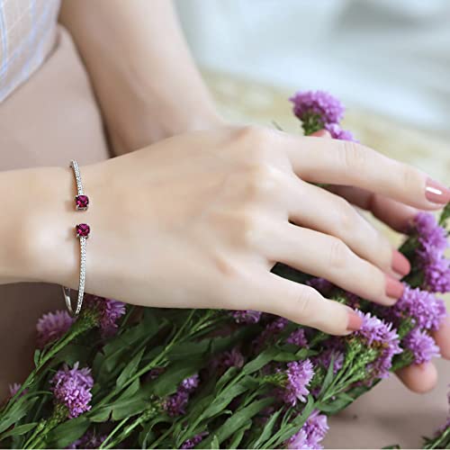Sterling Silver Synthetic Ruby & White Sapphire Cushion-Cut Dainty Bangle Cuff Bracelet For Women #TOP2