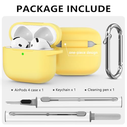 Image of Ljusmicker for AirPods 4 Case 2024 with Cleaner Kit,Yellow | Soft Silicone Protective Cover for Apple AirPods 4th Generation Case with Keychain for Women Men,Shockproof