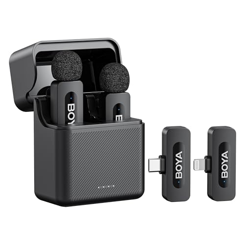 Boya V3 Combo ワイヤレスマイク-ピンマイク iPhone＆Androidスマホマイク 100m伝送距離 ノイズキャンセリング 36時間使用可能 360°回転クリップ 充電ケース付き小型マイク YouTube/TikTok/動画撮影/ライブ配信等に対応（Lightning＆USB-C）