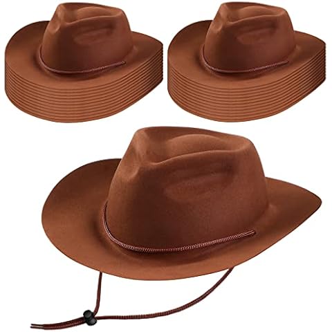 Mepase 24 Pieces Disposable Plastic Western Cowboy Hat Set Felt Wide Brimmed Cowgirl Party Hats for Men Women Adult Costume Party(Brown) Cover