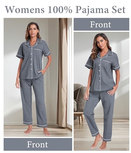 Image of CF Womens 100% Cotton Pajamas Set Button Down Pjs Sets Short Sleeve Top & Long Pants Sleepwear Comfy Loungewear with Pockets