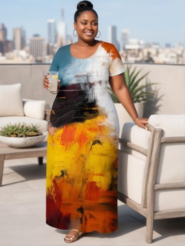 Image of PinkPatty Plus Size Dress for Women Casual Crew Neck Short Sleeve Maxi Dress Oversized Summer Beach Dresses with Pockets