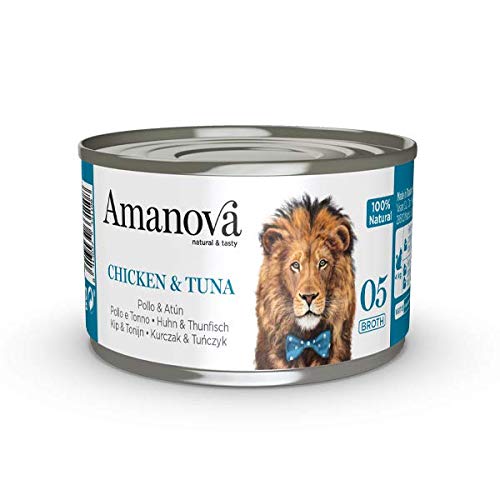 Amanova - Cibo Umido per Gatti 100% Naturale al Gusto Pollo e tonno Preparazione in brodo - 24 lattine da 70 Grammi - Pollo e tonno - cod. 05 in brodo.