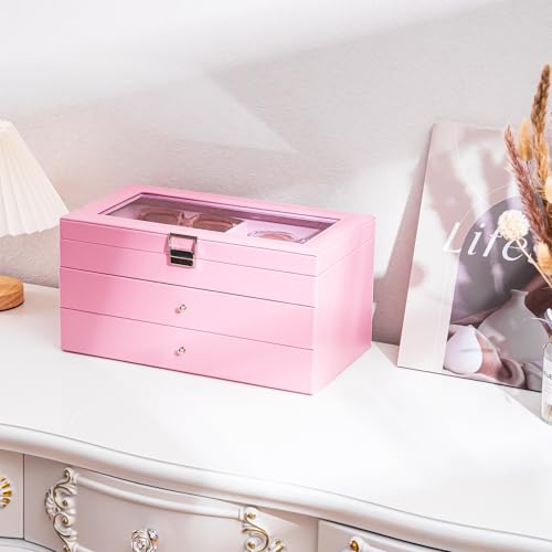 Image of ProCase 3-layer Sunglasses Storage Organizer, 18 Slots Leather Sunglass Box Multiple Pairs Eyeglass Cases Eye Glass Eyewear Display Holder for Men Women -Pink