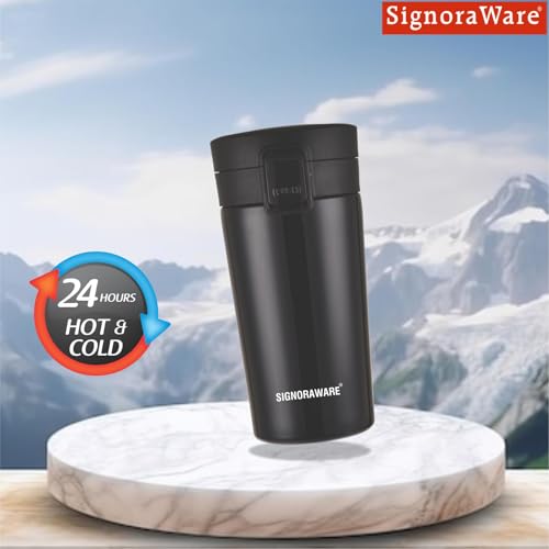 Image of Signoraware Hot Pour Coffeemate Stainless Steel Insulated Mug | 8 Hours Hot & Cold Drinks | Best for Coffee, Tea, Milk & Juices | Giftable | Great for Office, Home & Outdoor use (350ml | Black)