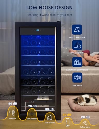 GarveeHome Wine Fridge, Compressor Wine Cooler Refrigerator, Beverage and Wine Refrigerator with Digital Touch Control, Double-Layer Glass Door, Freestanding or Built-In, 32 Bottles