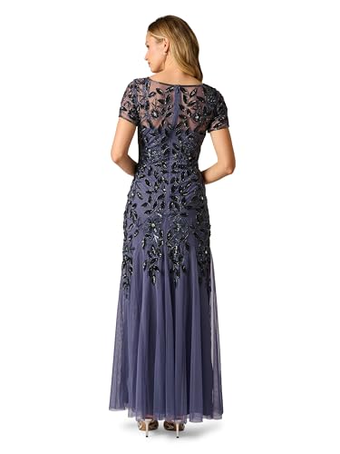 Image of Adrianna Papell Women's Beaded Gown with Godets - Floor Length Gown with Floral Embellishments & Cap Sleeves