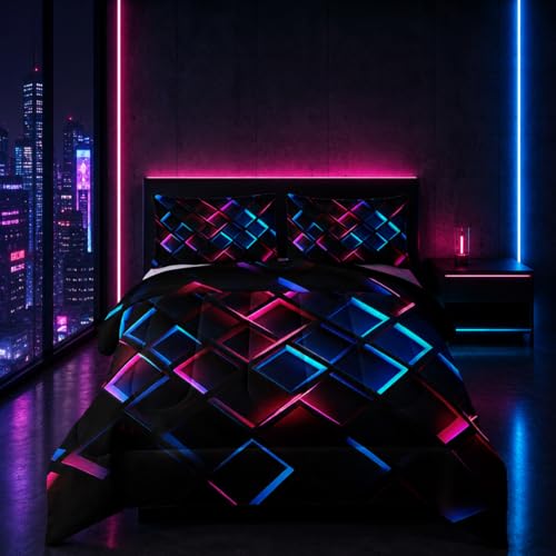 Image of Nttopship Blue Black Geometric Comforter Set Full Size 3D Stereoscopic Square Bedding Set Honeycomb Bedding Set 3 Piece Modern Style Geometry Decor,Microfiber LightweightWith 2 Pillowcases