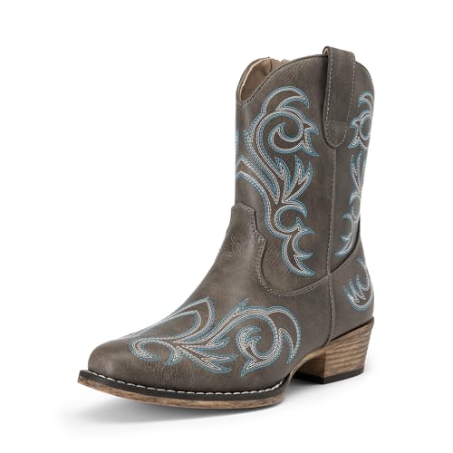 DREAM PAIRS Women's Cowboy Cowgirl Western Boots Embroidered Stitched Ankle Boots Square Toe Chunky Heel Fashion Short Booties with Zipper,Size 8,Brown,DWUMAB2511