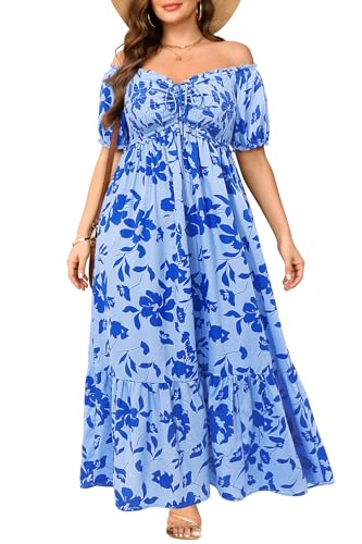 Image of Plus Size Sun Dresses Women - Summer Off the Shoulder Puff Sleeve A Line Boho Maxi Flow Long Dress 2025