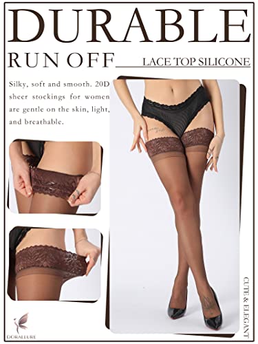 Image of DORALLURE Thigh High Stockings Silicone Lace Top Stay Up Silky Semi Sheer Pantyhose for Women Hold Up Nylon