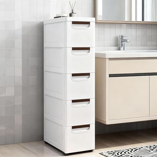 Gabinete de almacenamiento delgado para baño con cajones y ruedas de plástico ajustable 2