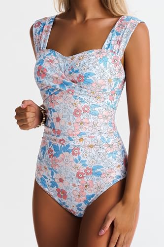 EVOCRCO Womens One Piece Swimsuits Tummy Control Bathing Suits Modest Full Coverage Swimsuit Wide Straps Swimwear Orange Floral - image 2