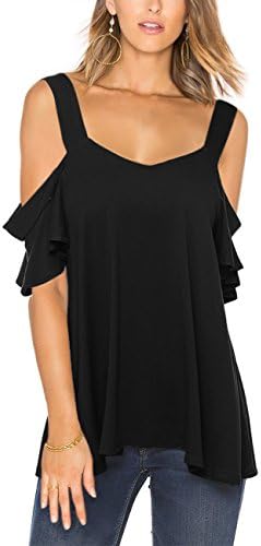 SunnyLady Women Sexy Ruffle Short Sleeve Off Shoulder T-shirt Knit Tops Black M