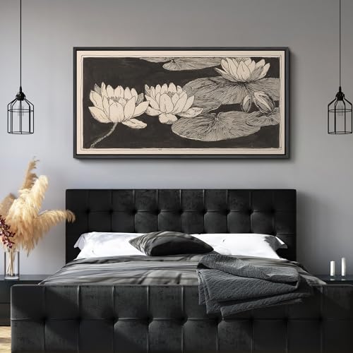 Image of MUDECOR Extra Large Framed Canvas Print Wall Art Vintage Lotus Flower Line Art Botanical Black and Beige Antique Retro Ready to Hang Painting for Living Room Bedroom Multi-Sizes - 60 inchx30 inch