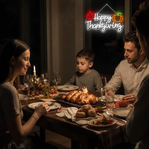 Image of Happy Thankgiving Neon Sign Thanksgiving Autumn Harvest Pumpkin Decoration LED Neon Light for Wall Decor Bedroom Living Room Kitchen USB Powered Adjustable Light Decor