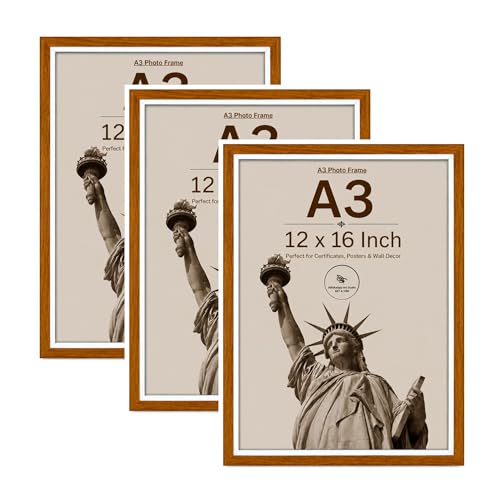 Image of AbhiKalpya Art Studio A3 Photo Frame 12x16 Inch | Premium Teak Acrylic Frame with White Border | Wall Decor Frame for Artwork, Posters, Pictures & Paintings (Set of 3)